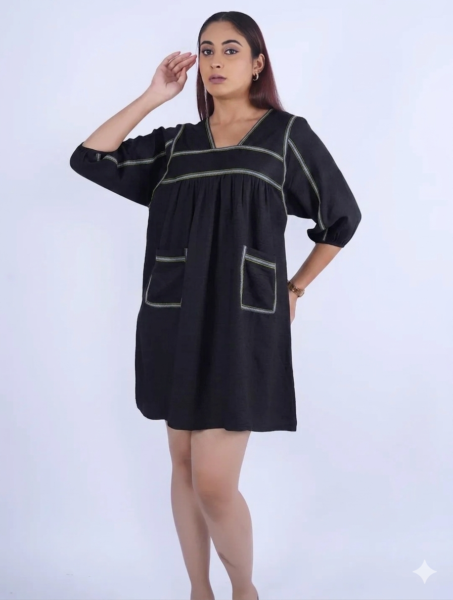 Black V neck full sleeves dress