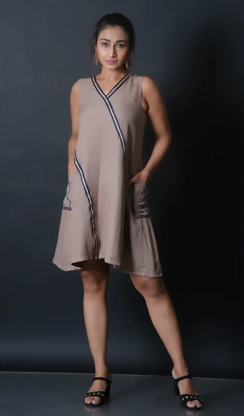Beige sleeveless V neck dress