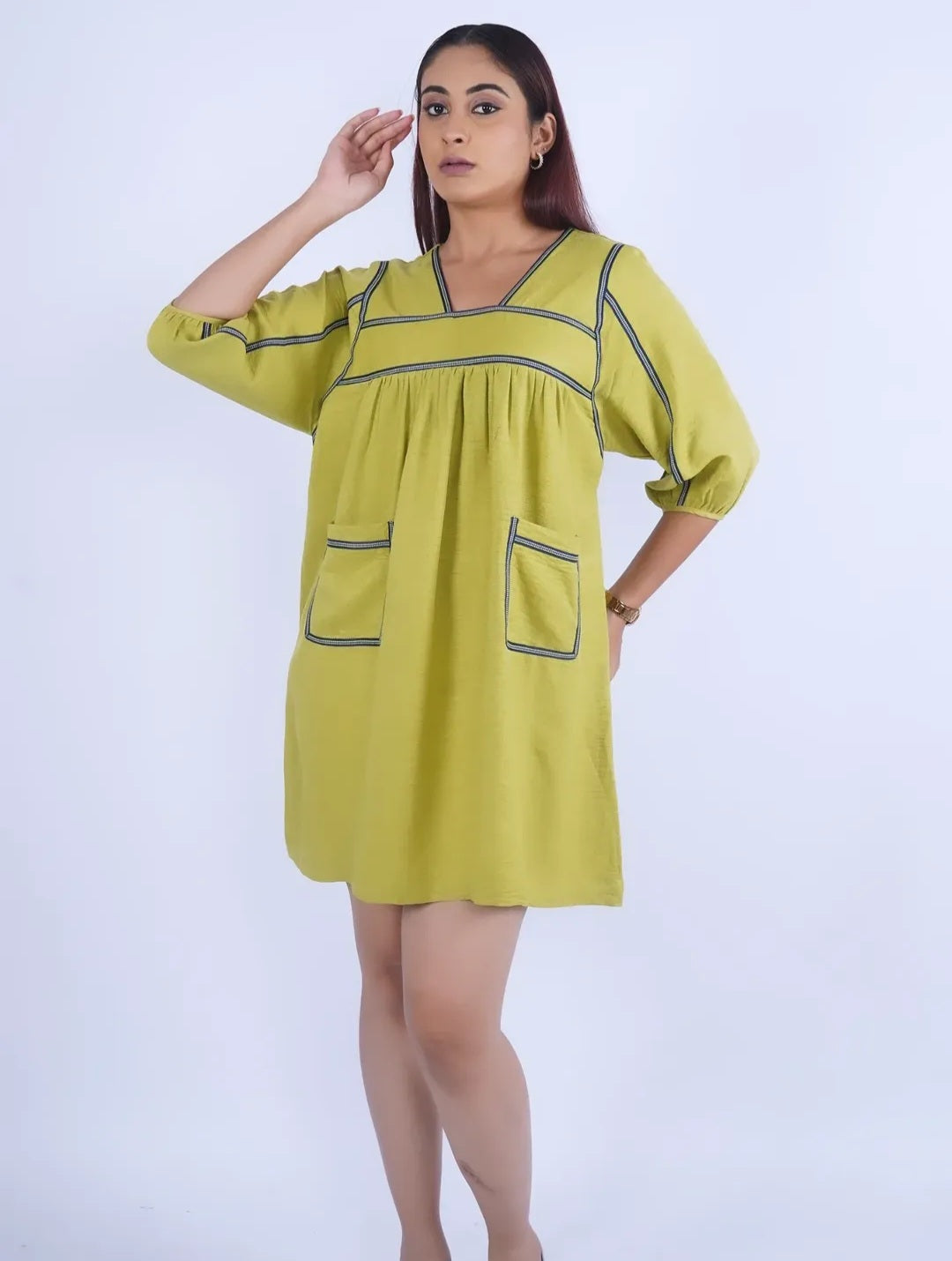 Green V neck short dress