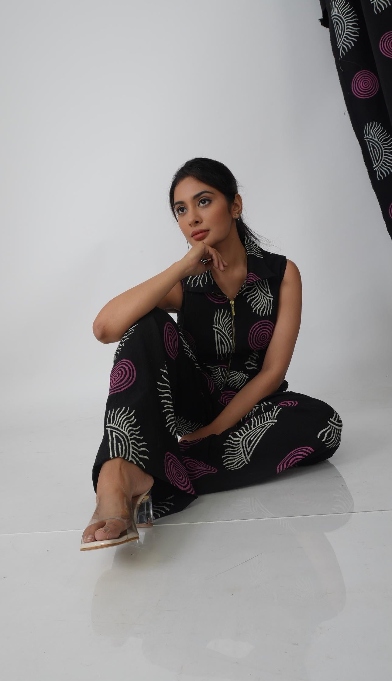 Black spiral zip up jumpsuit