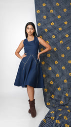Gold zipped indigo flare dress