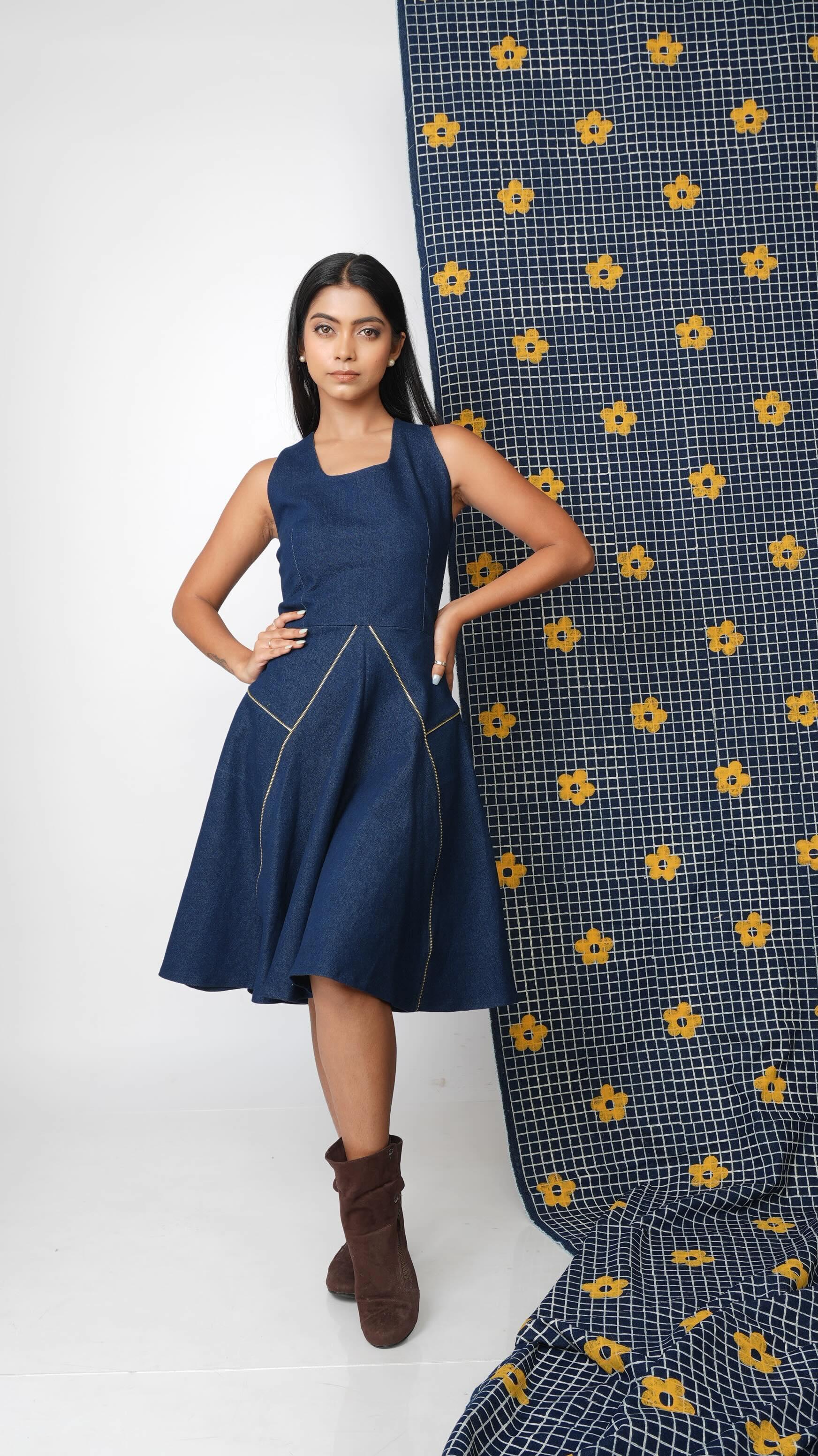Gold zipped indigo flare dress