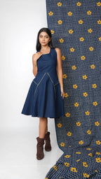 Gold zipped indigo flare dress