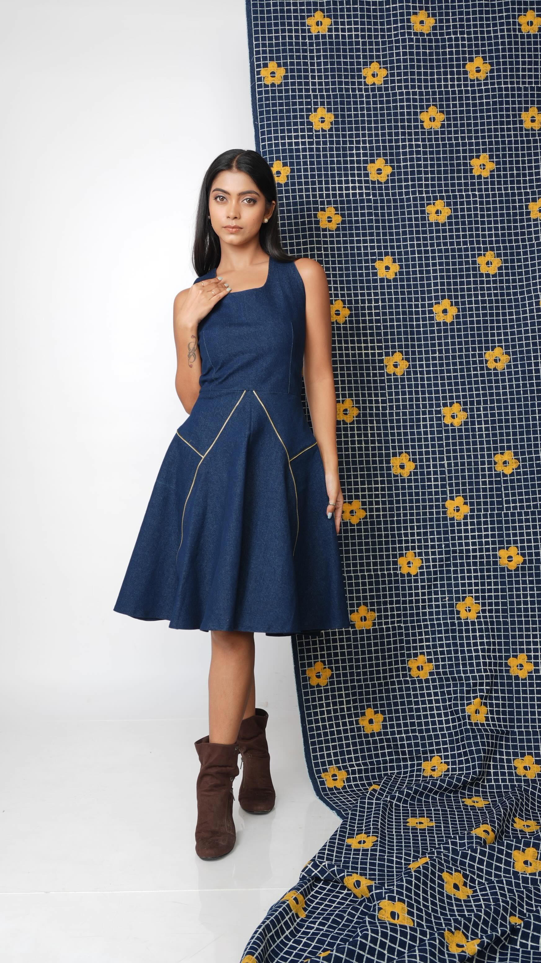Gold zipped indigo flare dress