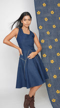 Gold zipped indigo flare dress