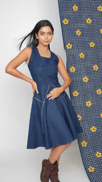 Gold zipped indigo flare dress
