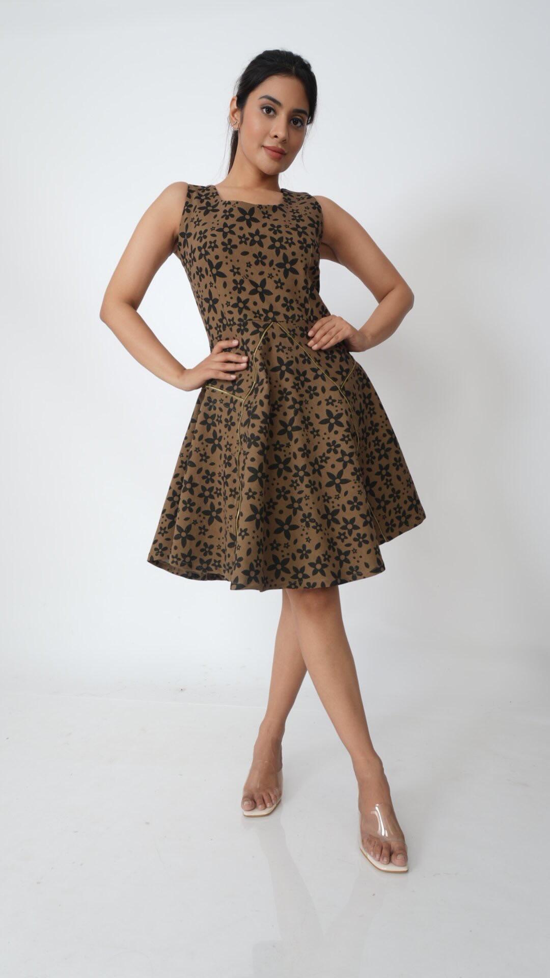 Gold zipped floral flare denim dress