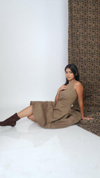 Gold zipped mocha brown flare dress