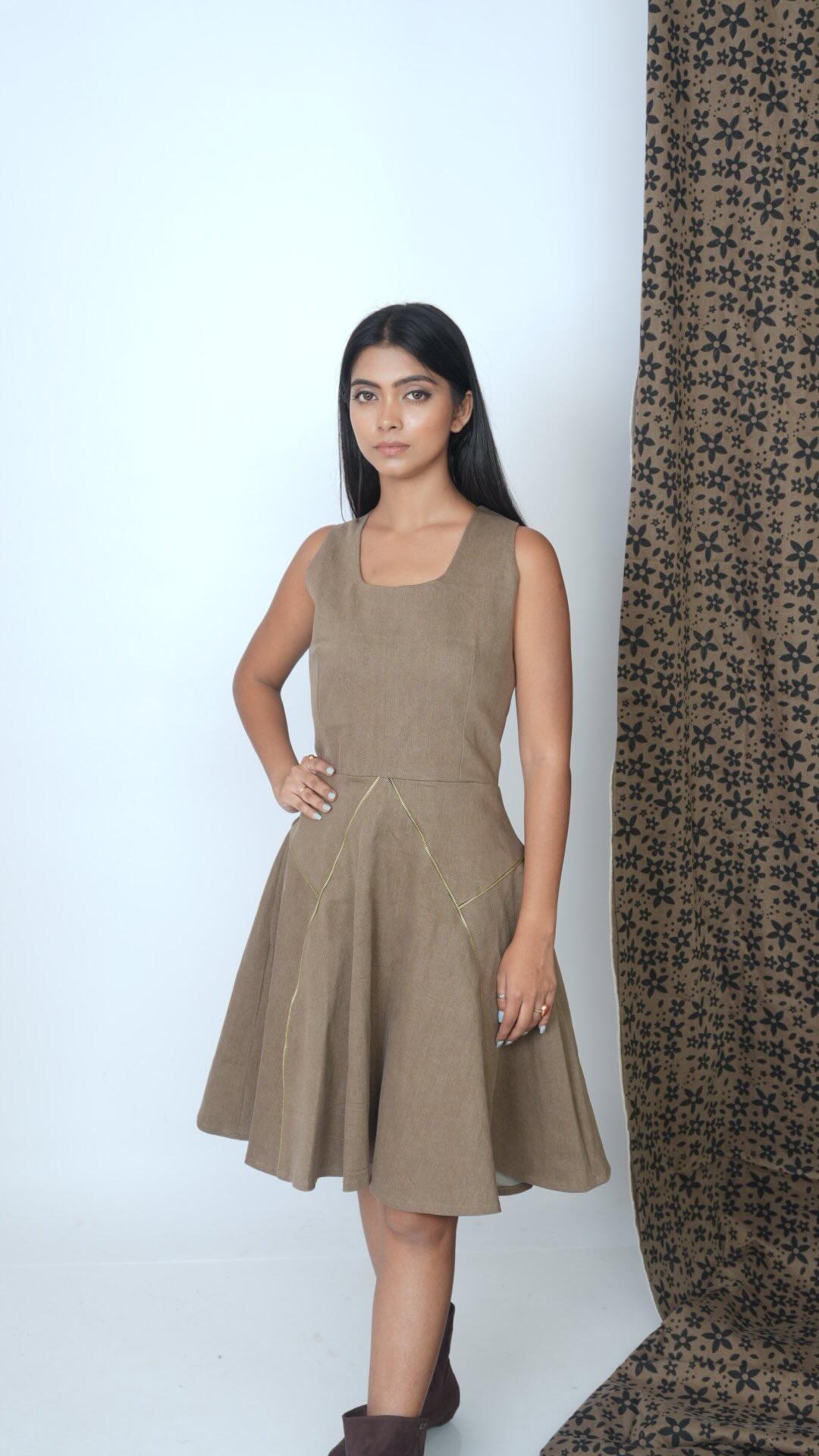 Gold zipped mocha brown flare dress